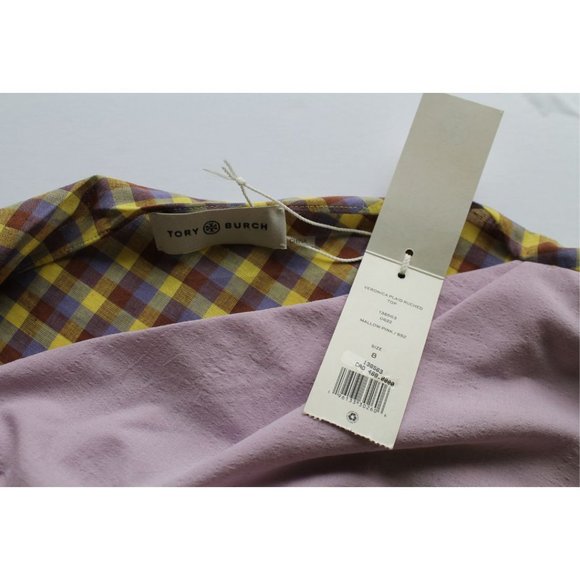 Tory Burch Veronica Plaid Ruched Top Mallow Pink Size 8 - Picture 10 of 11
